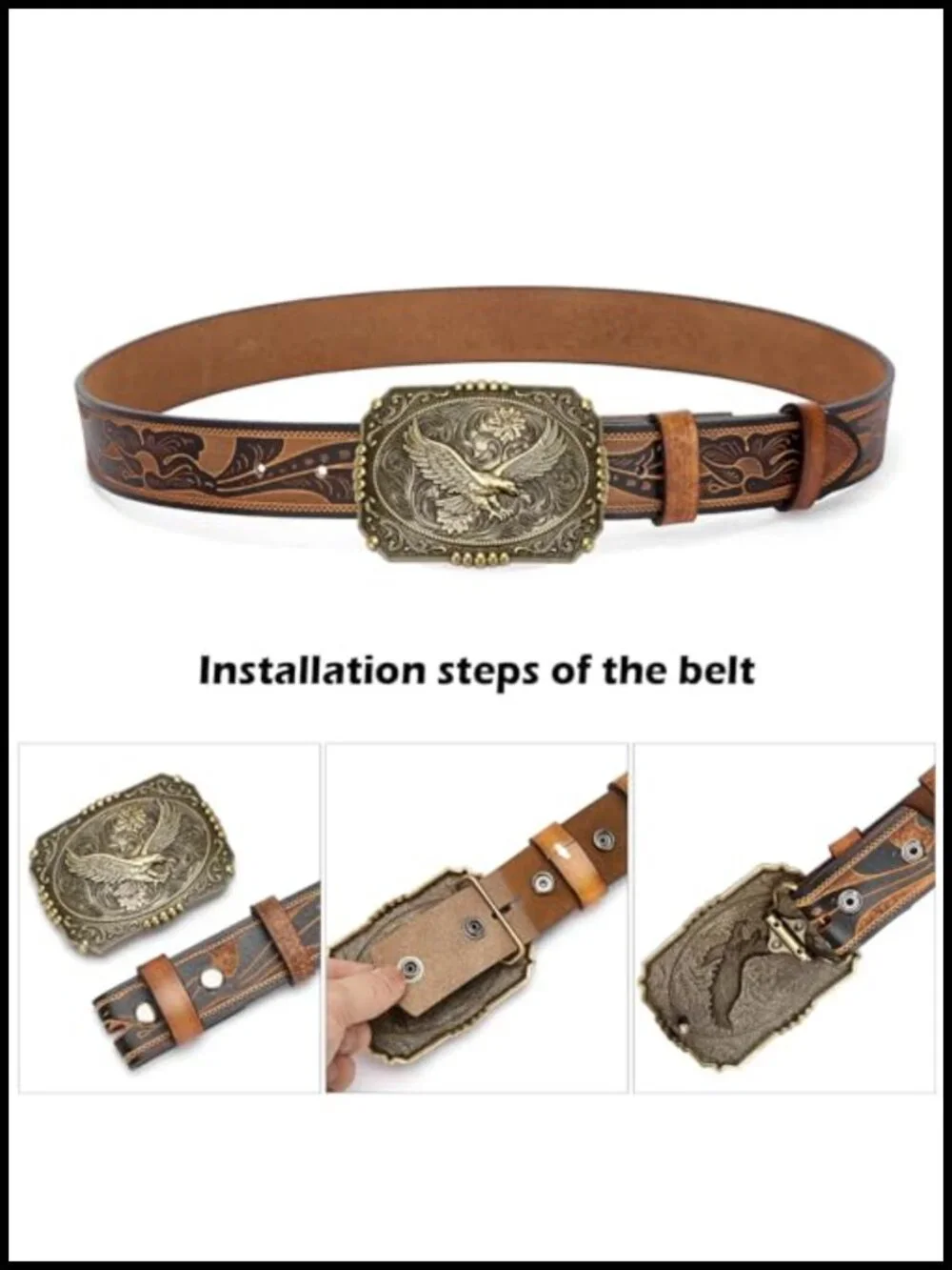 Men's Western Leather Belt with Floral Engraved Buckle, Removable, Adjustable